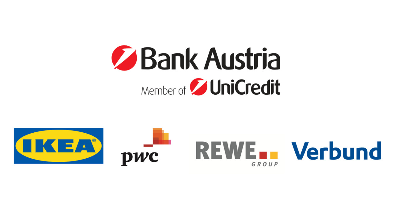 Logo Bank Austria, Logo IKEA, Logo PWC, Logo REWE, Logo Verbund