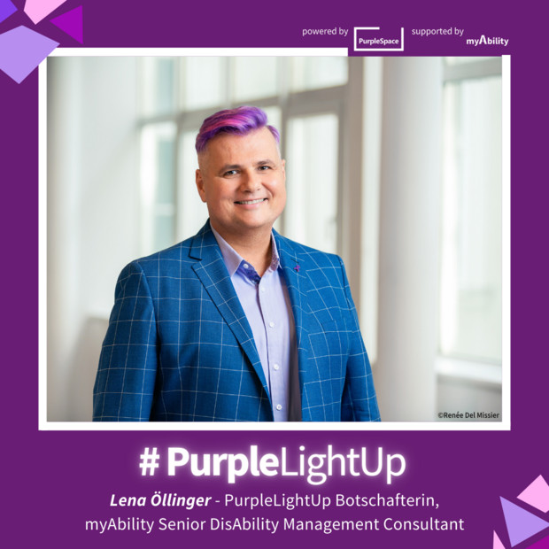 Lena Öllinger - PurpleLightUp Botschafterin mit lila Haaren. Lila Rahmen, #PurpleLightUp - powered by PurpleSpace, supported by myAbility