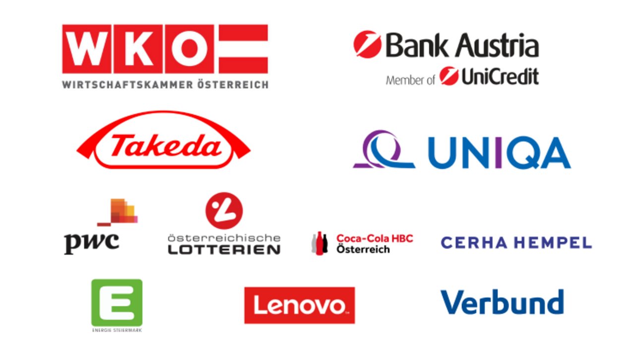 [Translate to English:] Logo von WKO, Bank Austria, takeda, UNNIQA, pwc, Lotterien, Coca Cola HBC, Energie Steiermark, Lenovo