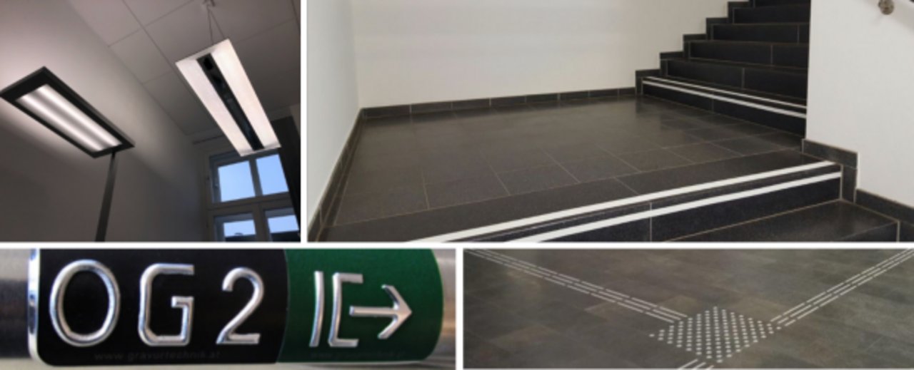 Vier Bilder von baulicher Barrierefreiheit. Auf dem ersten Bild sind Lampen zu sehen, auf dem zweiten Treppen mit Markierung, auf dem dritten ein Schild mit geprägten Buchstaben und auf dem vierten eine Bodenmarkierung.