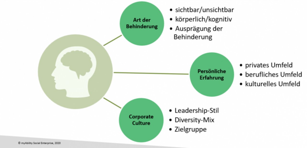 [Translate to English:] Grafik mit den drei Haupt-Einflussfaktoren: 1) Art der Behinderung (sichtbar/unsichtbar, kognitiv/körperlich, Ausprägung); 2) persönliche Erfahrung (privat, berufliche, kulturell); 3) Corporate Culture (Leadership, Diversity Mix, Zielgruppe)