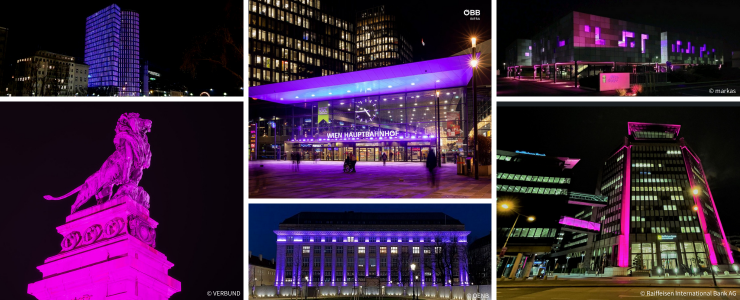 Unterschiedliche Gebäude in Wien, die lila beleuchtet wurden im Rahmen von PurpleLIghtUp. 