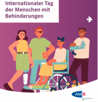 Internationaler Tag der Menschen mit Behinderungen. AMS Logo. Lila Hintergrund mit vier illustrierten Personen die unterschiedliche Behinderungen haben.