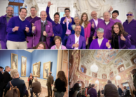 Insgesamt sind 3 Fotos abgebildet. Das erste Foto zeigt eine Gruppe von Personen in lila Kleidung. Die anderen beiden Fotos zeigen eine Führung im Kunsthistorischen Museum.