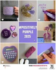 Ein Raster mit neun Fotos. In der Mitte steht #PositiveleyPurple 2025. Auf den anderen Fotos sind lila Alltagsgegenstände abgebildet. Bundesamt für Verfassungsschutz Logo. Werde Verfassungsschützer:in. 75 Jahre im Auftrag der Bürokratie.
