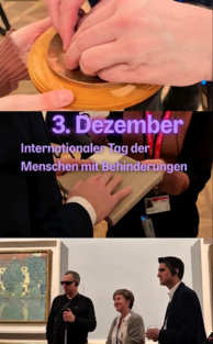 Drei Fotos, auf denen Gegenstände ertastet werden. 3. Dezember. Internationaler Tag der Menschen mit Behinderungen.