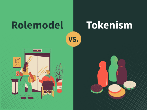 "Rolemodel vs. Tokenism" Illustration 1: Zwei Personen vor einem Lift. Eine nutzt Rollstuhl. Illustration 2:Spielfiguren.