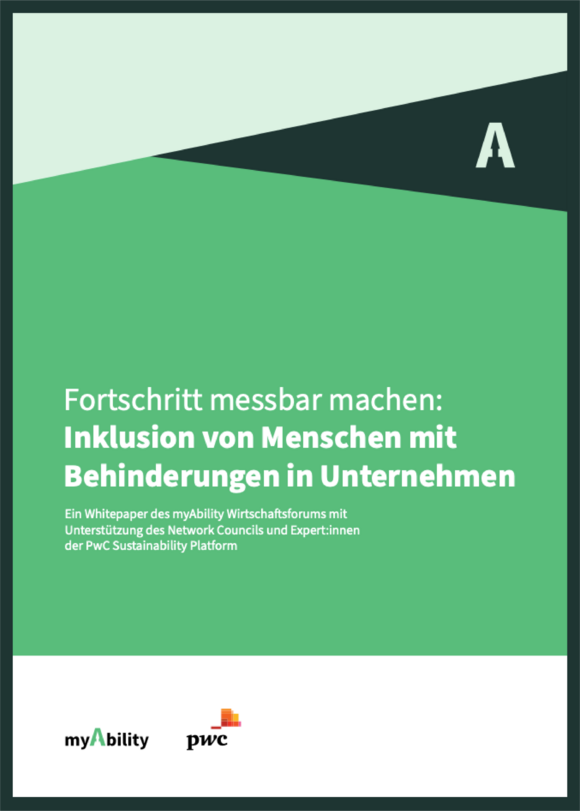 Titelblatt Whitepaper: Fortschritt messbar machen: Inklusion von Menschen mit Behinderungen in Unternehmen. Logos: myAbility und PwC