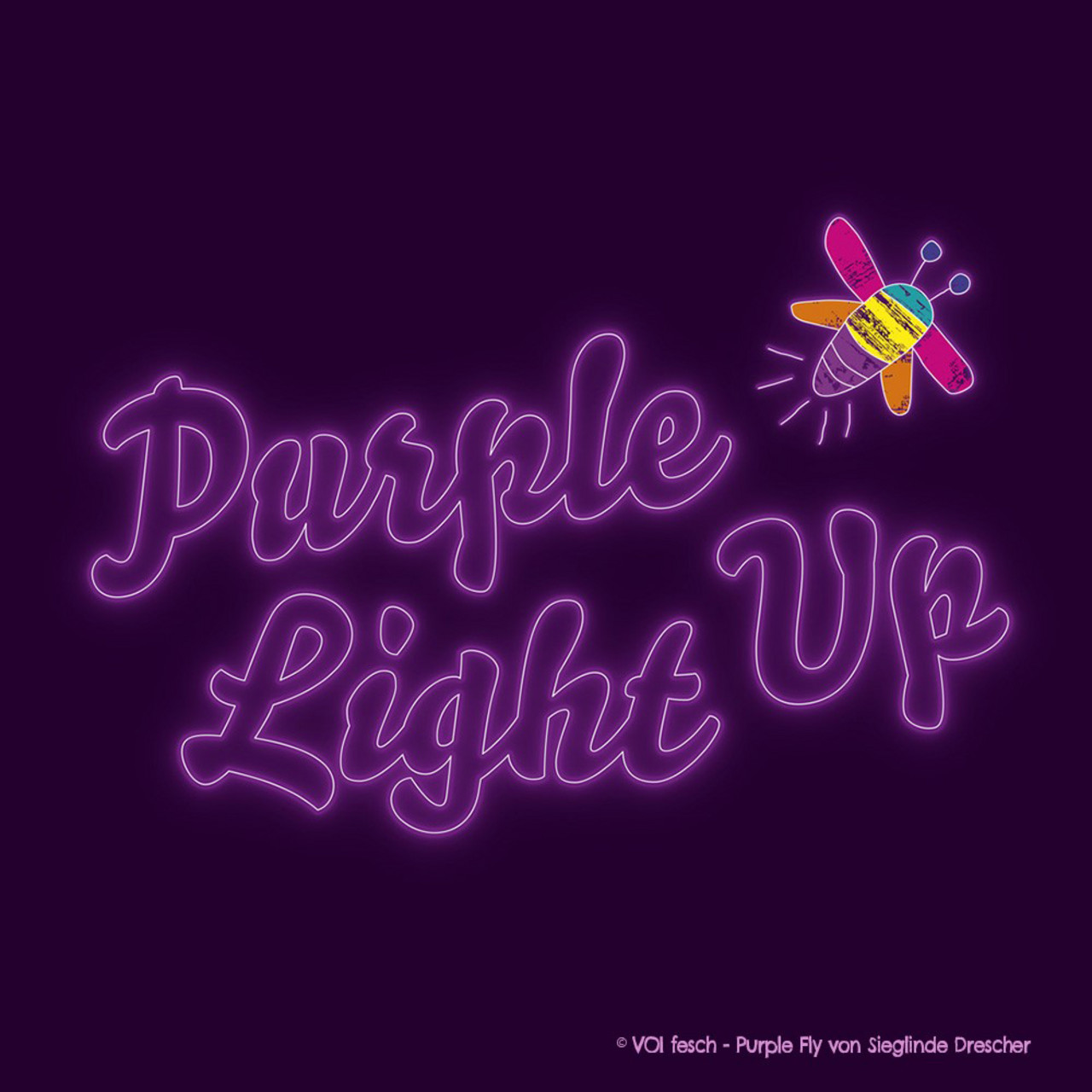 Dunkler Hintergrund, leuchtende lila Schrift "PurpleLightUp" und eine buntes Glühwürmchen - die "PurpleFly"