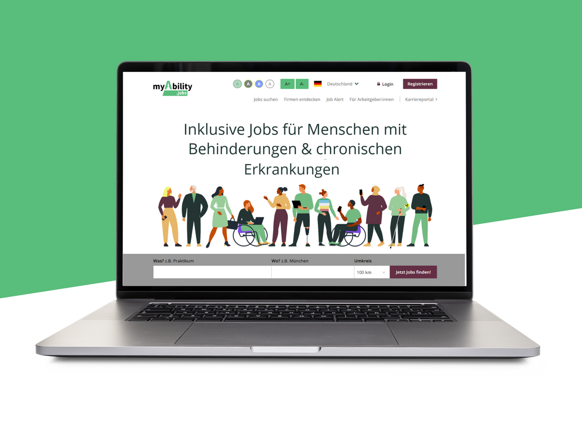 myAbility.jobs Startseite mit Text:"Inklusive Jobs für Menschen mit Behinderungen & chronischen Erkrankungen"