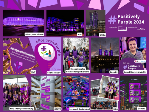 Eine Collage zur Kampagne #PositivelyPurple 2024 mit verschiedenen Bildern: Die Allianz Arena in Deutschland, das Atos-Gebäude und das UNIQA-Gebäude, alle in lila Beleuchtung. Ein Beitrag des BhW mit dem Slogan '#BhWgoesPositivelyPurple – Gemeinsam barrierefrei' sowie das Logo von #PositivelyPurple mit einer Illustration einer Person auf einer Leiter vor einem Kreuzsymbol. Eine Gruppe des Österreichischen Behindertensportverbands in lila Kleidung, das Enercity-Gebäude mit beleuchteten Schornsteinen und ein Porträt von Lena Öllinger von myAbility mit dem Text 'Ich bin #PositivelyPurple'. Zudem Mitarbeitende der MVG-Monopolverwaltung in lila Outfits, das ÖAMTC-Gebäude mit lila Kampagnenplakaten, ein Ausschnitt des Legoland Deutschland in lila Beleuchtung, Gruppenfotos von Mitarbeitenden von BIPA und das Siemens-Gebäude mit lila Beleuchtung.