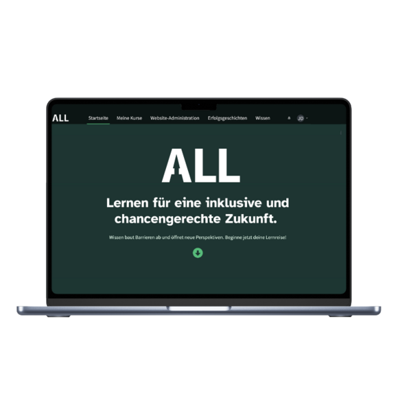 Digitale Lernplattform "Ability Learning Landscape" Dashboard mit Text: "Lernen für eine inklusive und chancengerechte Zukunft".