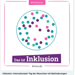 Screenshot einer Animation mit dem Titel "Das ist Inklusion" und dem Hashtag #Inklusion. Es handelt sich um eine Kreisgrafik mit vielen Punkten in verschiedenen Farben, die Vielfalt und Gleichberechtigung symbolisieren sollen. Unterhalb die Webseite "bmas.de". Das Bild ist im Rahmen des Internationalen Tags der Menschen mit Behinderungen gestaltet.