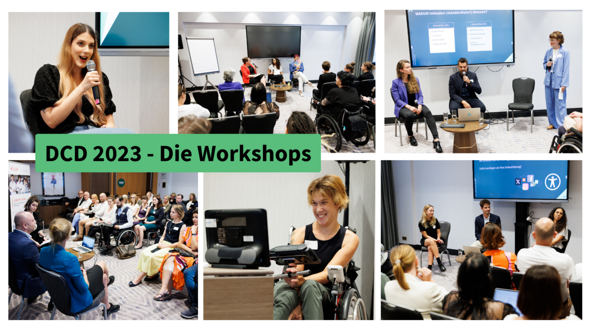 Eine Collage aus sechs Fotos der DCD-Workshops zeigt die Speaker:innen und Teilnehmer:innen.