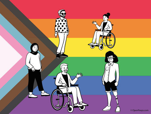 Regenbogenflagge und Illustrationen von Menschen mit Behinderungen (Frau mit Beinprothese, 2 Rollstuhlnutzer:innen, ein blinder Mann) 