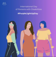Femal Experts Magazin Logo. International Day of Persons with Disabilities. #PurpleLightUp. Drei illustrierte Frauen mit Behinderung.