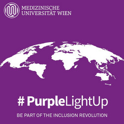 Lila Hintergrund, Weltkugel in weiß. #PurpleLightUp. Be Part of the Inclusion Revolution. Logo Medizinische Universität Wien