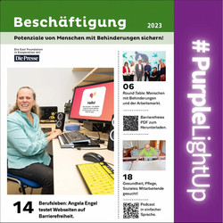 Titelseite von "Beschäftigung", Beilage von die Presse. Titelbild: eine Frau arbeitet mit Braillezeile am Computer. Lila Seitenstreifen mit #PurpleLightUp