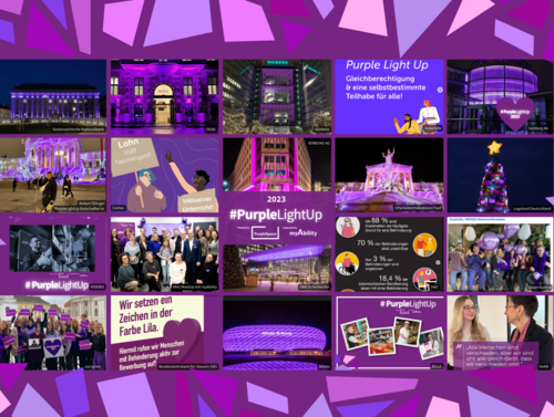 Collage zu PurpleLightUp 2023: beleuchtete Gebäude wie Österr. Nationalbank, OeAD Gebäude, Siemens Zentrale, Salzburg AG, Österr. Parlament, VERBUND Zentrale, Allianz Arena, Wiener Hauptbahnhof, ein lila Lego-Weihnachtsbaum. Teamfotos von currycom, Bayer Austria, MVG und myAbility, BILLA, Illustrationen und Grafiken von Volkshilfe, Caritas, Bundeszentralamt für Steuern