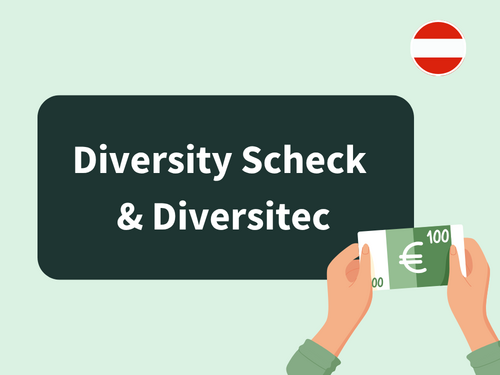 "Diversity Scheck und Diversitytec". Illustration: Zwei Hände, die einen 100€ Schein halten. Symbol: Österreich-Flagge. 