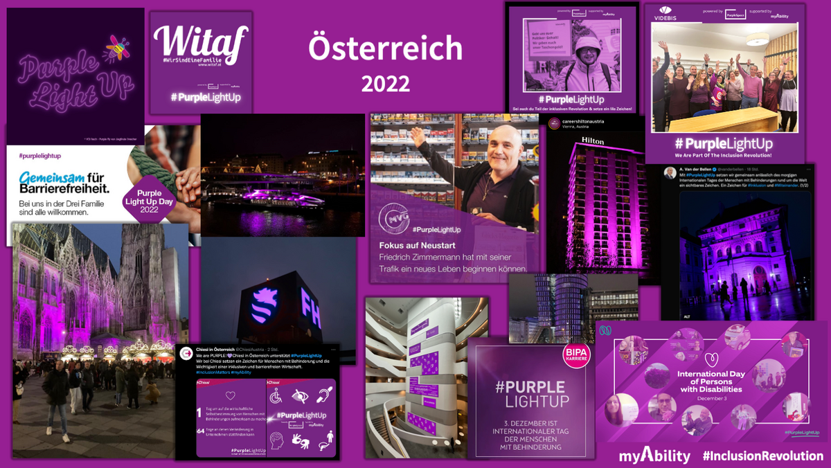 Fotocollage der österreichischen Beiträge bei PurpleLightUp. Beleuchtete Gebäude: Hilton Hotel, Präsidentschaftskanzlei, Twin City Liner auf dem Donaukanal in Wien, Uniqa Tower Wien, Leuchtwürfel auf der FH Wiener Neustadt, ÖAMTC, Stephansdom. Gruppenfotos von Mitarbeitenden: Videbis, momox. Postings von Drei Österreich, Bipa, MVG, Witaf, Lebenshilfe, Illustration "Purple Fly" von Sieglinde Drescher (VOI fesch).