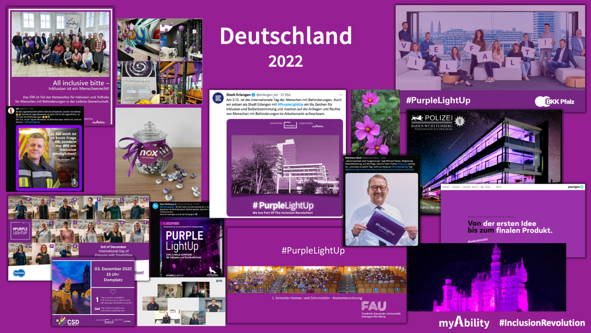 Fotocollage deutscher Unternehmen. Beleuchtete Gebäude: Polizei Baden-Württemberg, Legoland. Mitarbeiter:innenfotos von BKK Pfalz, Bethmann Bank, Leibniz Association, Deutsche Jugendfeuerwehr, BTC. Lila gefärbte Postings: Stadt Erlangen, Stadt Wolfsburg, CSD Magdeburg, Peerigon. Lila Dekorationen: Google München, nox Nachtexpess.