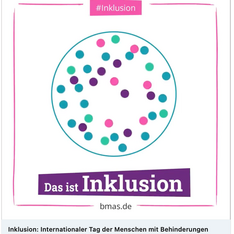 Screenshot einer Animation mit dem Titel "Das ist Inklusion" und dem Hashtag #Inklusion. Es handelt sich um eine Kreisgrafik mit vielen Punkten in verschiedenen Farben, die Vielfalt und Gleichberechtigung symbolisieren sollen. Unterhalb die Webseite "bmas.de". Das Bild ist im Rahmen des Internationalen Tags der Menschen mit Behinderungen gestaltet.