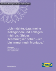 Illustrierte Sonnenblume. "Ich möchte, dass meine Kolleginnen und Kollegen mich als fähiges Teammitglied sehen - ich bin immer noch Monique." Monique, Sales Mitarbeiterin, Ikea Niederlande. Ikea Logo.
