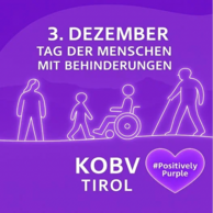 3. Dezember. Tag der Menschen mit Behinderungen. Illustrierte Personen mit und ohne Behidnerung. KOBV Tirol. #PositivelyPurple.