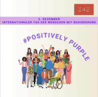 Employers for Equality Logo. 3. Dezember Internationaler Tag der Menschen mit Behinderung. #Positively Purple. Eine illustrierte Gruppe aus diversen Personen.
