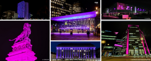 Unterschiedliche Gebäude in Wien, die lila beleuchtet wurden im Rahmen von PurpleLIghtUp. 