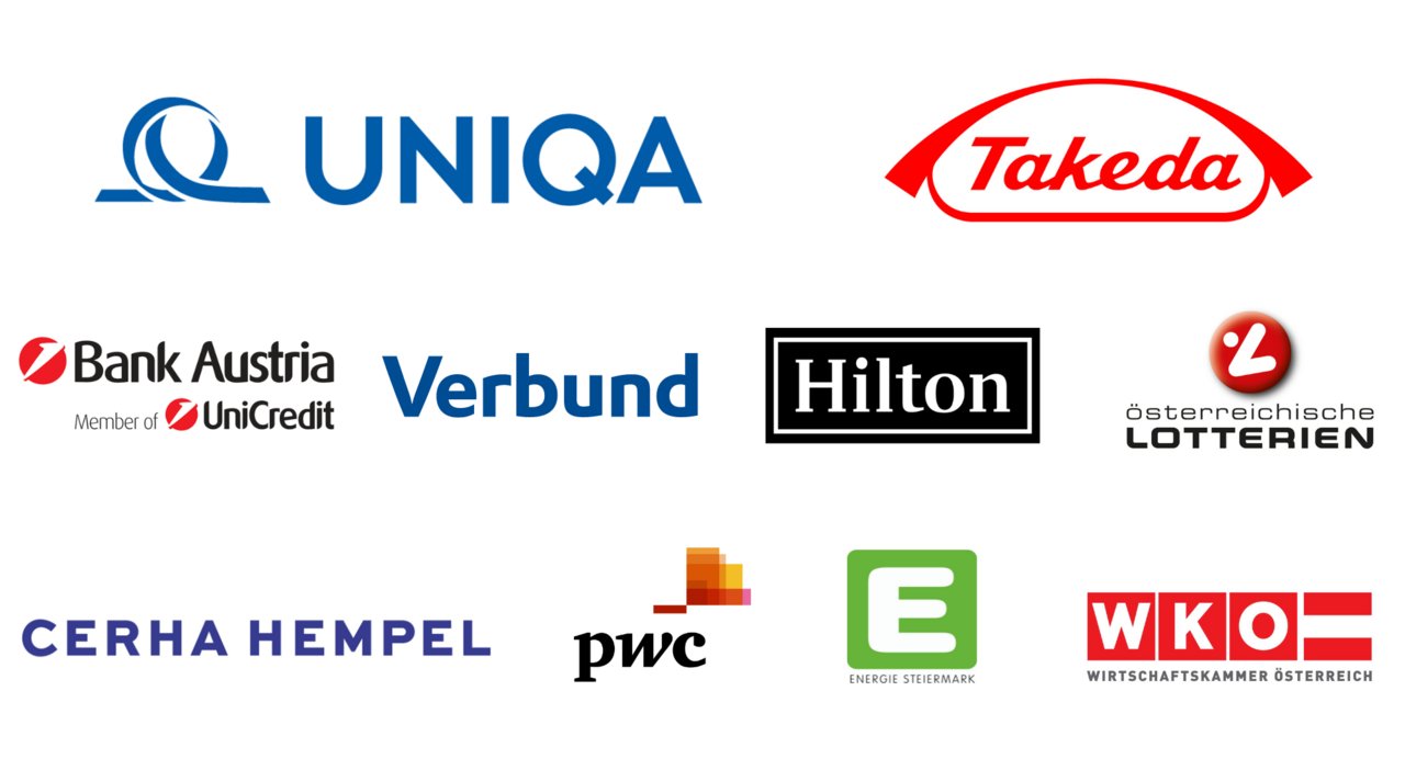Logos: Uniqa, Takeda, UniCredit Bank Austria, Verbund, Hilton, Österreichische Lotterien, Energie Steiermark, Wirtschaftskammer Österreich, PwC, CERHA HEMPEL