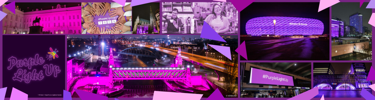 Lila Collage zu PurpleLightUp: Beleuchtete Gebäude, Social Media Beiträge von Teilnehmer:innen
