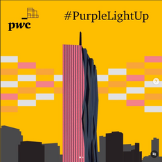 Screenshot einer Animation: Illustration des PwC-Tower in Wien in lila mit gelben Hintergrund.