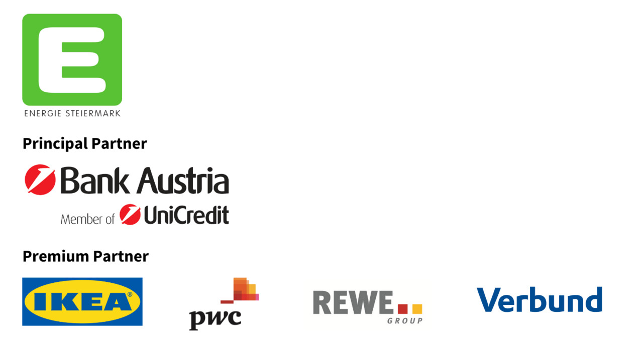 Logo Energie Steiermark AG, Principal Partner UniCredit Bank Austria, Premium Partner IKEA, PwC, REWE, Verbund