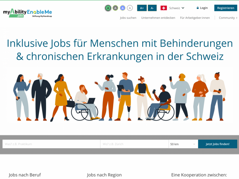 Startseite mit Jobsuchmaske, Illustration von Menschen mit und ohne Behinderungen "Inklusive Jobs für Menschen mit Behinderungen in der Schweiz"