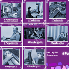 Collage aus Social Media Postings von VIDEBIS, auf denen 8 Mitarbeitende mit Behinderung gezeigt werden