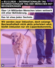 03.12.2026 Internationaler Tag der Menschen mit Behinderungen. Über 1,4 Milliarden Menschen leben weltweit mit einer Behinderung. Das ist etwa jede:r Sechste. Wir werden zwar inklusiver, doch solange Barrierefreiheit nicht aktiv priorisiert wird, bleibt Inklusion nur ein Lippenbekenntnis. Auf dem Foto ist ein Mann der mit einem Hund an der Leine geht abgebildet. #PositivelyPurple