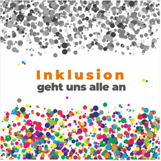 Inklusion geht uns alle an. Bunte Confetti am unteren Rand, graue Confetti am oberen Rand