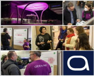 Collage von AbbVie. Lila beleuchteter Bürogebäude-Eingang, Mitarbeitende bei Aktionsständen zu Inklusionsthemen.