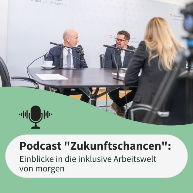 Bundestminister Kocher und myAbility Geschäftsführer Wolfgang Kowatsch an einem Tisch mit Aufnahme-Mikrofonen. Podcast Zukunftschancen: Einblicke in die inklusive Arbeitswelt von morgen