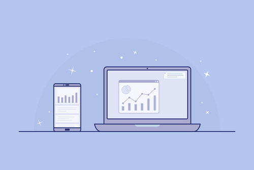 Illustration eines Laptops und eines Smartphones, die Datenvisualisierungen anzeigen