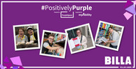 #Positively Purple. Powered by PurpleSpace. Supported by myAbility. Vier Fotos von Mitarbeiter:innen mit und ohne Behinderungen im Arbeitskontext. Billa, voller leben Logo.
