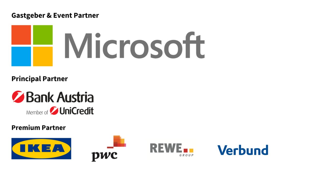 Logos: Microsoft (Gastgeber & Eventpartner); Bank Austria Member of UniCredit (Principal Partner); Ikea, PwC, REWE Group, Verbund (Premium Partner)