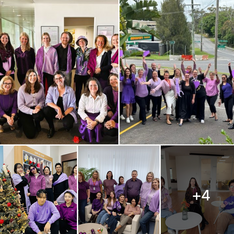 Collage mit mehreren Gruppenfotos: Mitarbeitende von Agrana Fruit mit lila Kleidungsstücken und Accessoires