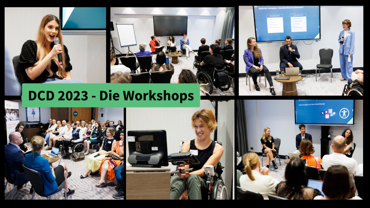 Eine Collage aus  sechs Fotos der DCD-Workshops zeigt die Speaker:innen und Teilnehmer:innen.