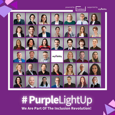 #PurpleLightUp We are Part of the Inclusion Revolution! 41 Mitarbeitende von myAbility mosaikartig angeordnet. Dazwischen die Logos von myAbility in lila eingefärbt. powered by Purple Space. Supported by myAbility.