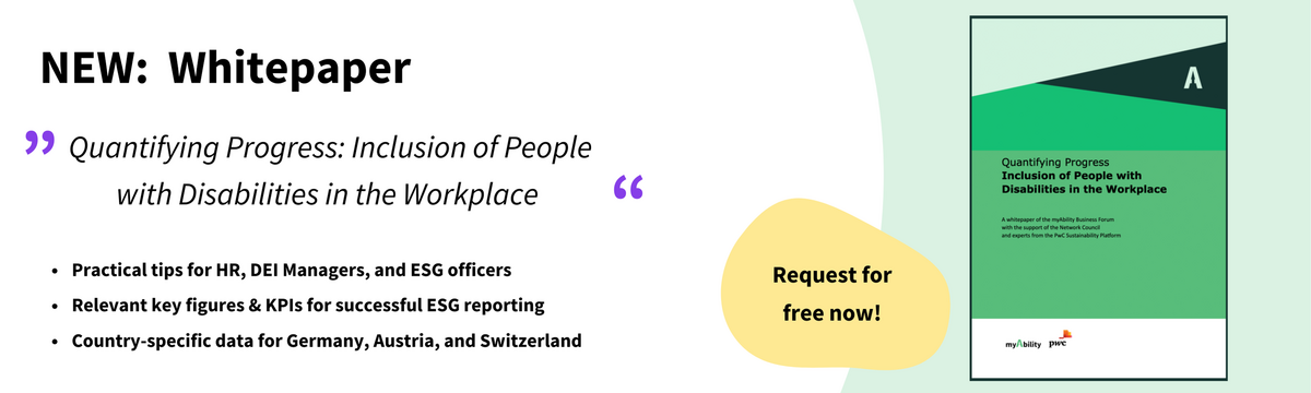 New: Whitepaper. Cover image with the title "Making progress measurable: Inclusion of people with disabilities in companies." Includes practical tips for HR, DEI managers, and ESG officers, relevant key figures & KPIs for successful ESG reporting, and country-specific data for Germany, Austria, and Switzerland. Call-to-action: Request for free now.