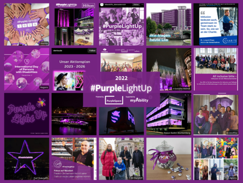 PurpleLightUp 2022 Bildercollage. Beleuchtete Gebäude in Deutschland & Österreich z.B. Stephansdom, Twin City Liner am Donaukanal, FH Wiener Neustadt, Hilton Hotels Wien, Polizei Baden-Württemberg. Social Media Beiträge von momox (viele Hände mit lila Armbändern, die auf eine PurpleLightUp-Karte greifen), Nagarro, dentsu (Aktionsplan 2023-2026), Videbis (Gruppenfoto), Lebenshilfe (lila Fotocollage mit Menschen), Charité Berlin (Zitat eines Mitarbeiters, der Rollstuhlnutzer ist), Leibniz Accociation (Gruppenfoto), Agrana (Fotocollage), Access4You (Gruppenfoto mit lila Regenschirm), Bezirksvertretung Mariahilf in Wien (Gruppenfoto), PwC (Leuchtender lila Stern am Fenster), MVG (Trafikant mit Zitat), nox Nachtexpress (Glas mit lila und weißen Bonbons und lila Schleife). 