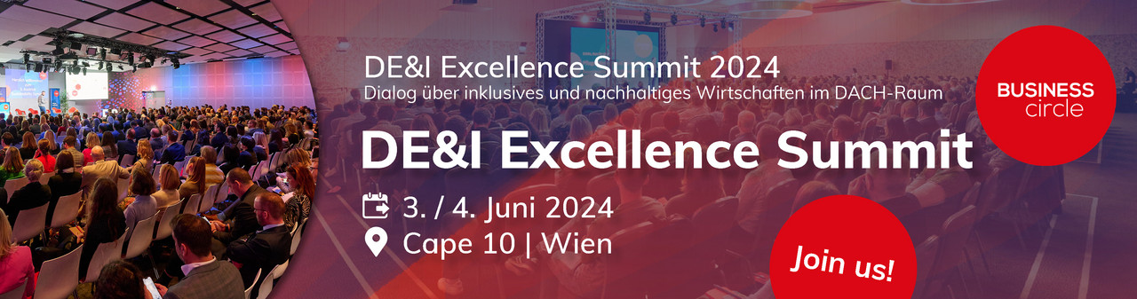 DE&I Excellence Summit 2024 Dialog über inklusives und nachhaltiges Wirtschaften im DACH-Raum. DE&I Excellence Summit 3./4. Juni 2024. Cape 10, Wien. Join us! Logo vom BUSINESS Circle.